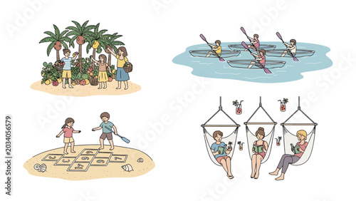 Tableau sur toile Summer Activities Collage: A vibrant collage showcasing diverse summer pastimes, including a group enjoying a picnic, synchronized kayaking, children playing hopscotch on the beach