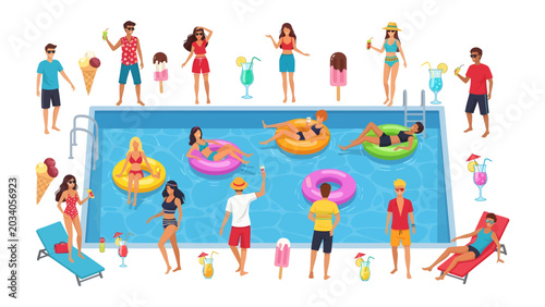 Fotografi Summer Pool Party: A vibrant collection of people enjoying a lively pool party, with sunbathers, swimmers, and ice cream cones scattered around a sparkling blue swimming pool