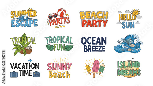 Photography Summer Vacation Vibes: A collection of cheerful and vibrant summer-themed lettering designs, perfect for invitations, social media, and apparel, capturing the spirit of relaxation and fun