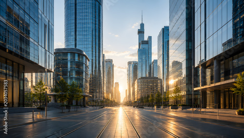 Modern city street lined with glass skyscrapers at golden hour sunset