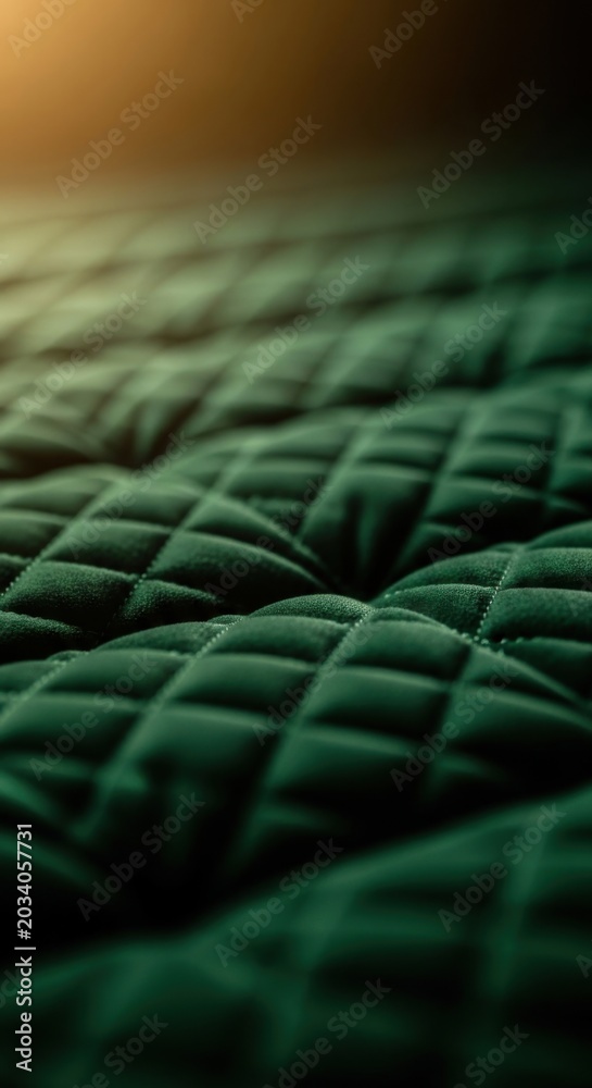 Naklejka premium Dark green quilted fabric texture, close-up, soft material, emerald quilt pattern