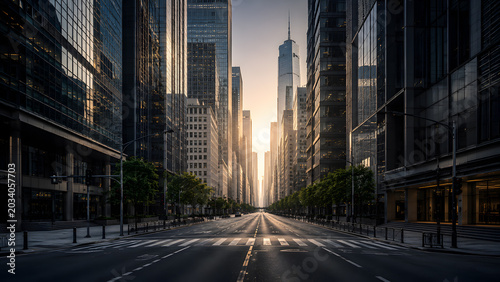 Empty city street lined with modern skyscrapers at sunrise with golden light