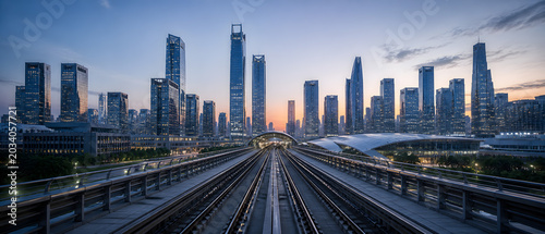Modern cityscape with elevated train tracks leading towards illuminated skyscrapers at dusk