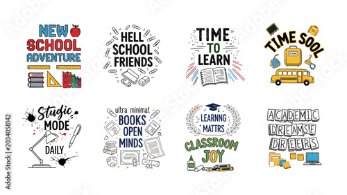 Bild auf Leinwand School Study & Fun Collection: A vibrant compilation of eight distinct graphic designs celebrating the school experience, from learning adventures and friendships to study mode and classroom joy