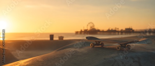 Skateboard on concrete ramp at beach skatepark with Santa Monica pier silhouette during golden hour sunset