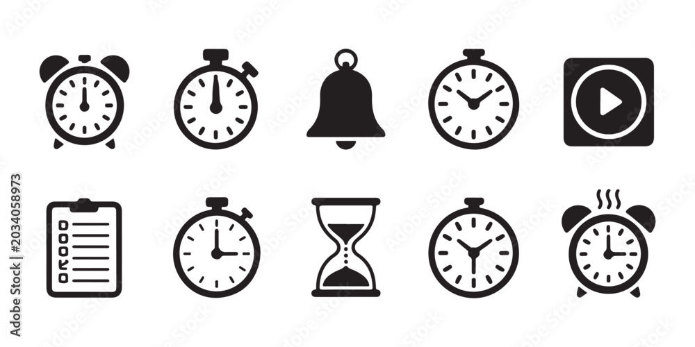 Fototapeta premium Black time and clock icons set. outline design, alarm clock, stopwatch, timer, delivery time, schedule.