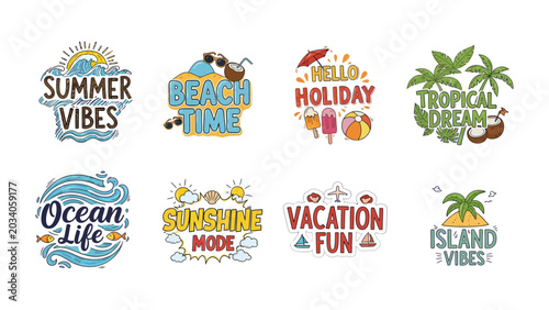 Bild auf Leinwand Summer Vibes Collection: A vibrant set of eight hand-drawn illustrations featuring catchy summer-themed phrases like Summer Vibes, Beach Time, Hello Holiday, Tropical Dream, Ocean Life, Sunshine Mode