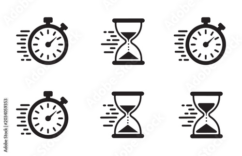 Konstfotografi Fast performance time management icons with speed lines on stopwatch and hourglass vector signs