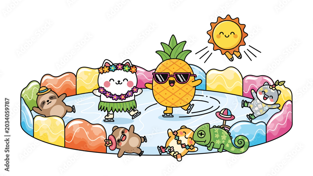 Fototapeta premium Summer Fun with Cute Animals: A charming group of cartoon animals, including a pineapple wearing sunglasses, a cat in a hula skirt, a sloth, a chameleon, and a raccoon.