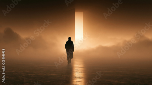 Person walking toward illuminated doorway in dramatic fog with spiritual journey, faith, and Christian symbolism concept