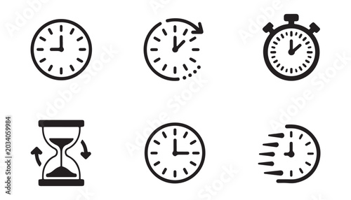 Billede på lærred Time and clock vector icons: Set of stopwatch, timer, alarm clock, and hourglass symbol collection
