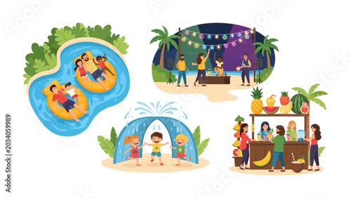 Cuadro en lienzo Summer Fun Collage: A vibrant collage captures the essence of summer with scenes of people enjoying a water park, an outdoor evening party, and a tropical juice stand