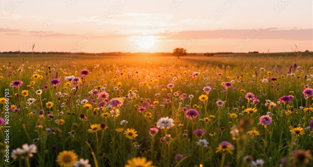 Obraz premium A Midwest prairie full of blooming summer wildflowers bathed in warm light from a setting sun.