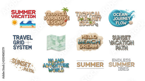 Foto Collection of Summer Vacation and Travel-Themed Graphics: A compilation of stylized text graphics evoking summer vacation, tropical paradises, ocean journeys, travel plans, dreams, and adventures