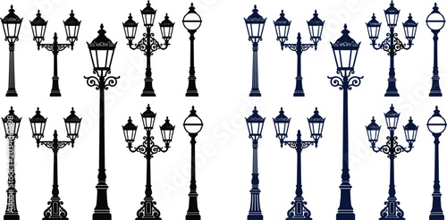 Φωτογραφία Vintage Street Lamp Post Vector Icon Set in Black and Dark Blue Silhouette Style