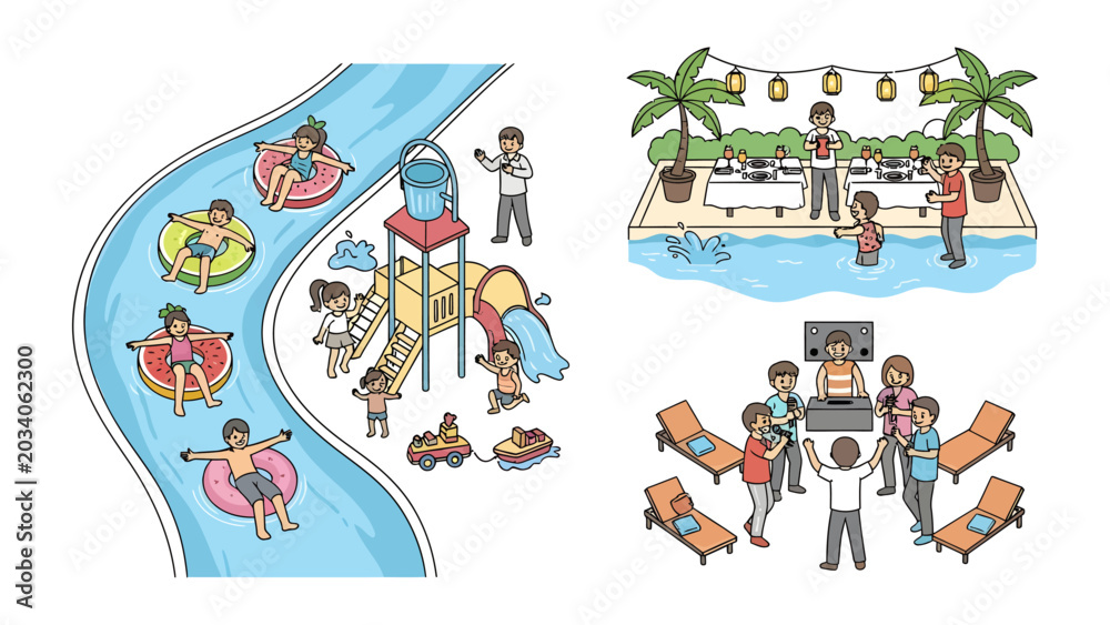 Naklejka premium Fun Summer Activities Collage: A vibrant collage showcasing various summer activities, including a water slide with people on tubes, a poolside buffet with palm trees.