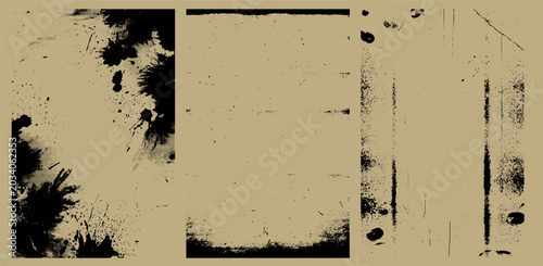 Set of three abstract ink splatters and vintage distressed film strip textures.