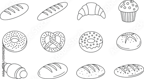 Hand drawn bread pastry icons collection with baguette croissant donut muffin