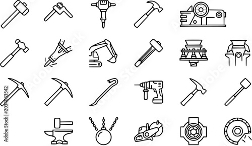Fotografía Construction, Mining, and Demolition Tools Line Art Icons Set