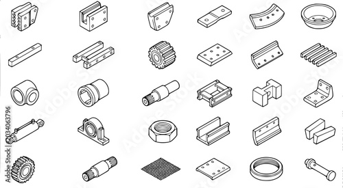 Black and White Line Art Isometric Vector Icons of Mechanical Engineering Parts and Components
