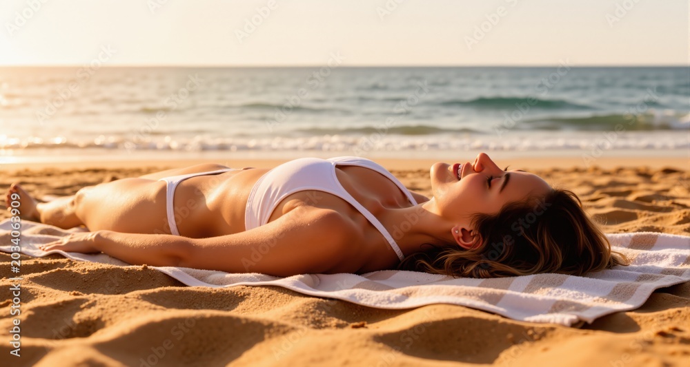 Fototapeta premium Woman enjoying sunbathing at beach 