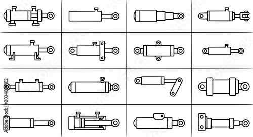 Cuadro en lienzo Black  White Line Art Icons Set of Industrial Hydraulic and Pneumatic Cylinders