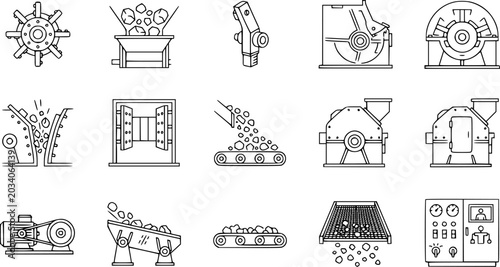 Quadro su tela Industrial crushing and screening equipment, line art icons for mining and quarr