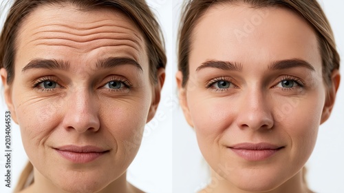 Split frame botox result showing deep prominent horizontal forehead furrows versus completely smooth forehead skin.