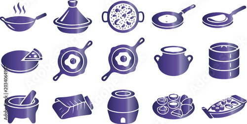 Photos Traditional Cooking Utensils and World Cuisine Icons Set with Purple Gradient on