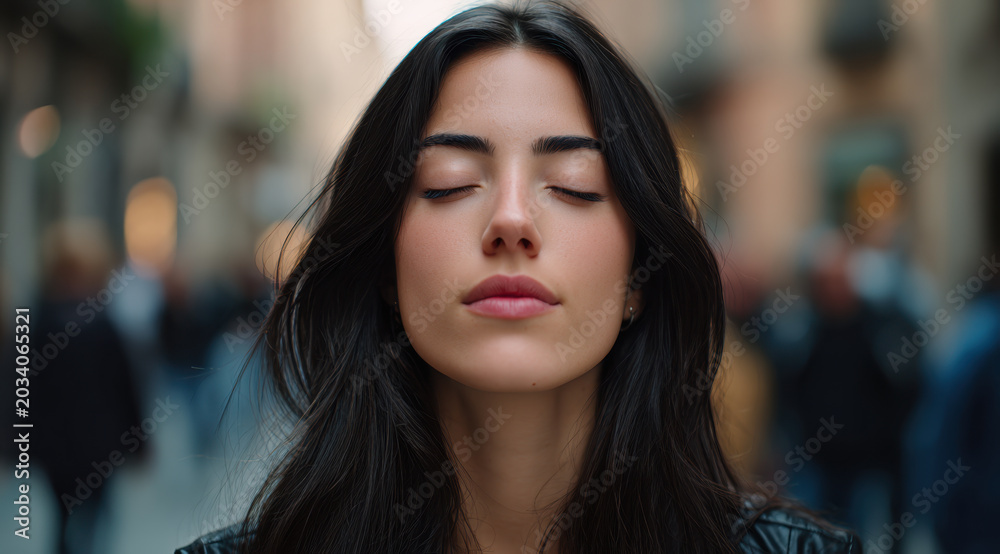 Obraz premium Woman portrait closed eye meditation calm face dark hair urban background blurred crowd peaceful mood natural light young adult