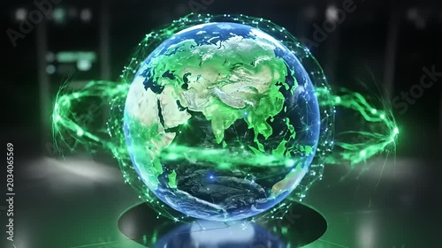 Digital Earth Globe with Glowing Energy Lines and Futuristic Technology.