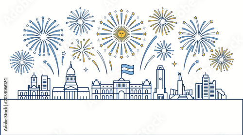 Foto Buenos Aires Cityscape with Fireworks and Argentine Flag Line Art