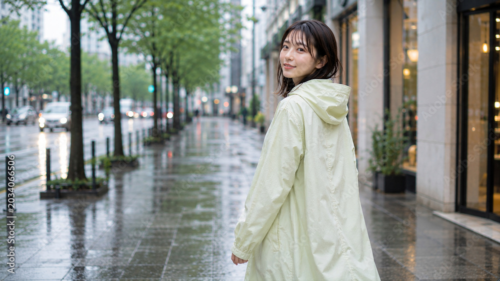 Fototapeta premium 淡い色のレインコートを着た若い女性が雨の日の柔らかな雰囲気の濡れた都会の歩道を歩く様子