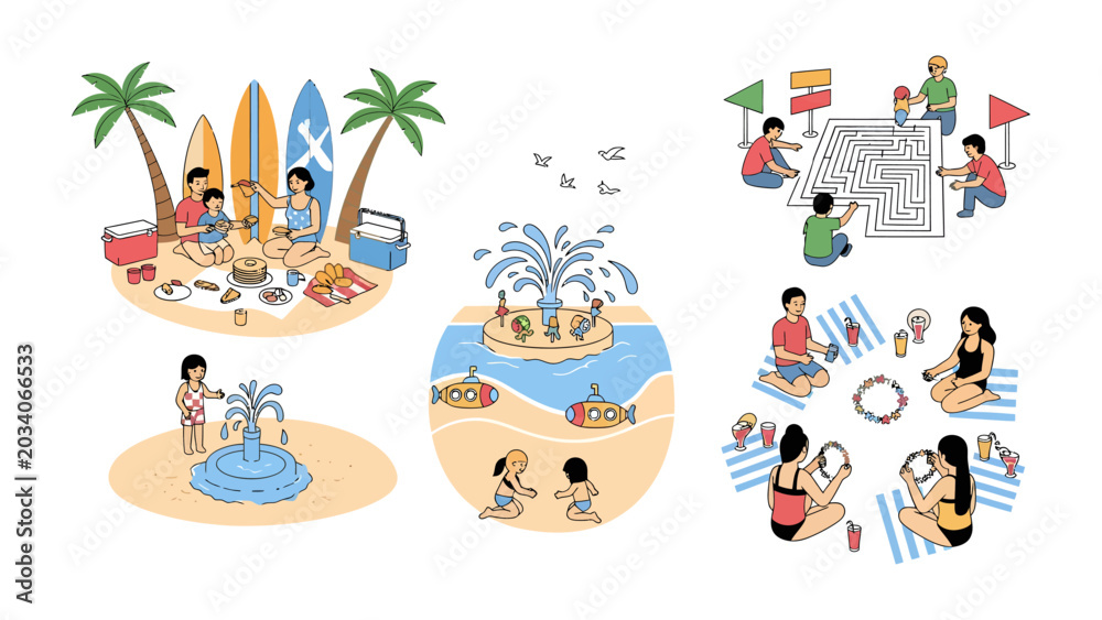Naklejka premium Summer Holiday Vignettes: A collection of charming illustrations depicting various summer holiday activities, including beach picnics, fountain play, and collaborative map study.