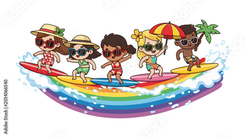 Photography Surfing Rainbow Wave: A vibrant illustration depicts a group of diverse children joyfully surfing a rainbow wave, embodying the spirit of summer fun and adventure