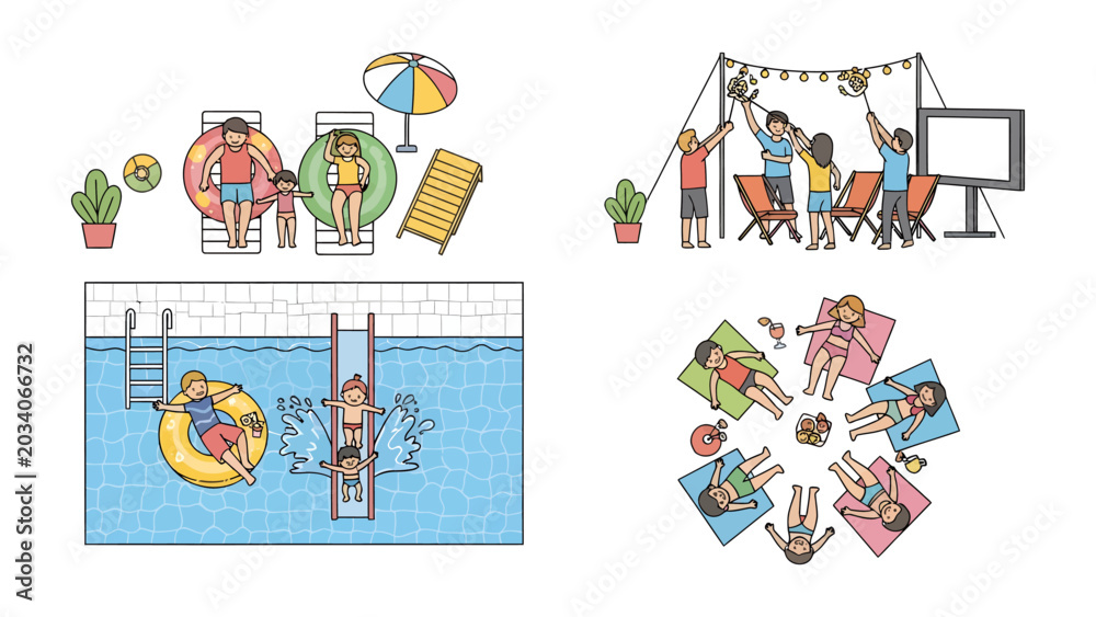 Fototapeta premium Summer Vacation Activities: A collection of playful illustrations depicting various summer leisure activities, including poolside relaxation, water slide fun, outdoor gathering, and sunbathing circle.