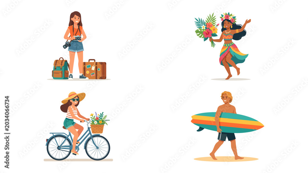 Fototapeta premium Summer Vacation Collage: A vibrant collection of illustrations depicting joyful summer activities including travel, dancing, cycling, and surfing, perfect for conveying leisure and adventure.