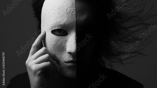 Cinematic black and white portrait of a person holding a white mask in front of the face, theatrical and artistic concept of duality, hidden identity, anxiety and emotional tension in dramatic contras