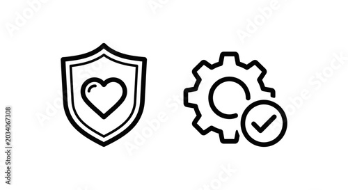 Asset health and equipment status icons with shield and gear equipment verified approved security maintenance operation performance management technology business industry