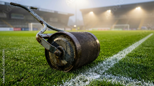 Metal lawn roller on wet football pitch grass at night stadium