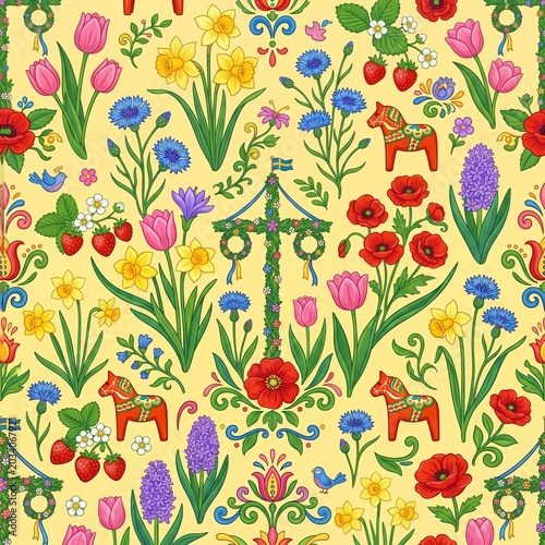 Swedish Midsummer Celebration Seamless Pattern