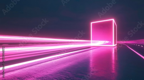 A glowing cube on a futuristic road, with vibrant light trails suggesting motion.