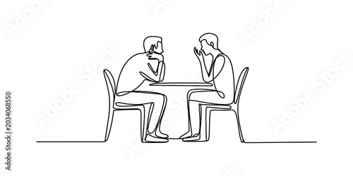 Canvastavla Two people sitting at a table, engaged in conversation, minimalist line art styl