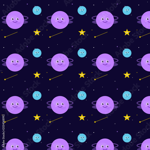 Kawaii Planets Space Seamless Pattern - Cosmic Cute
