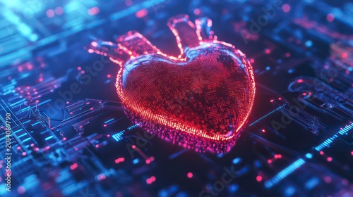 Monitoring with chip capsule artificial intelligence of heart health and pulse management. Concept AI futuristic healthcare technology, data network neon banner.