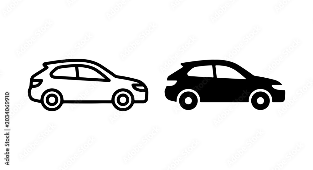 Fototapeta premium Modern Hatchback Car Icons, White and Black Vector Silhouettes for Automotive Design