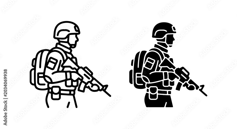 Naklejka premium Military Soldier Silhouette, Combat Warrior Icon Set, Army Infantry Vector Graphics