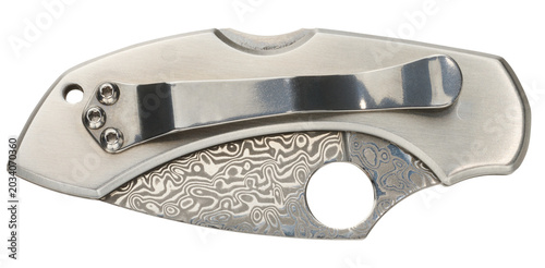 Bild auf Leinwand Folding pocket knife made of Damascus steel with a metal clip on the handle