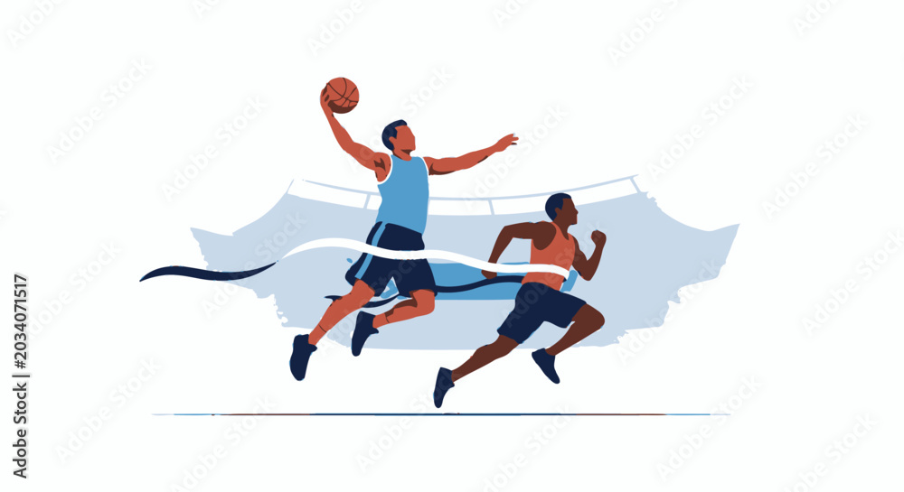 Obraz premium Basketball player jumping and runner crossing finish line illustration