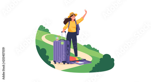 Woman embarks on summer holiday adventure traveling winding road